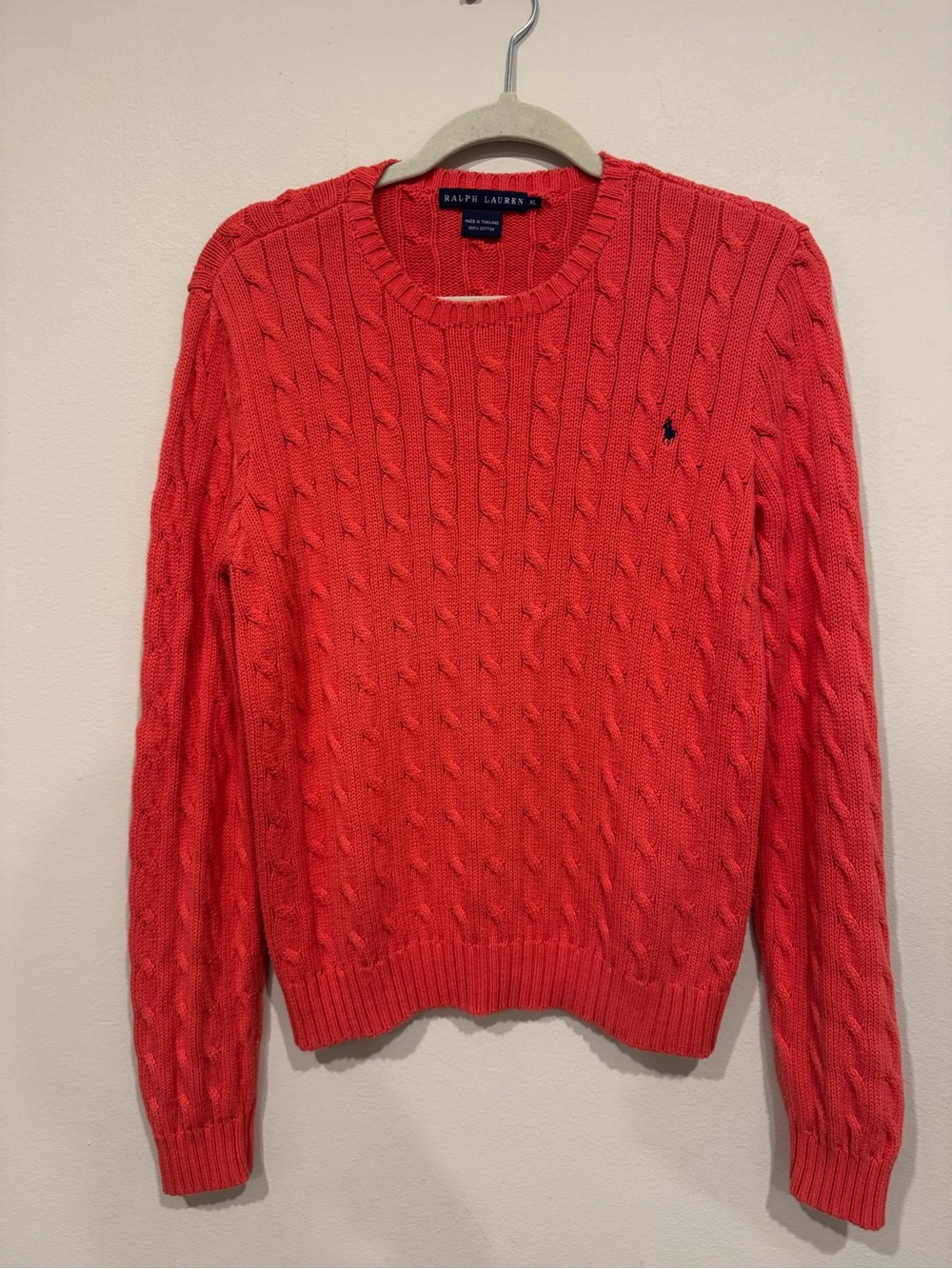 Vintage Ralph Lauren Men’s XL Cable Knit Cotton Sweater Coral Red